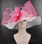 Sinamay Kentucky Derby Hat: White Wide Brim with Pink Feather Flower