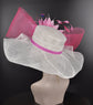 Sinamay Kentucky Derby Hat: White Wide Brim with Pink Feather Flower