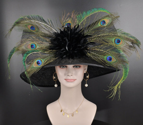 Black Sinamay Derby Hat: Peacock Feather Church Wedding Hat