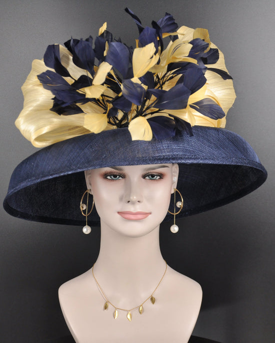 Navy Blue Sinamay Derby Hat: Audrey Hepburn Style, Gold Abaca Bow