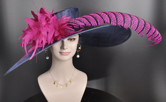 Navy Blue w Red Purple ( Darker Magenta) Feather flower and  Pheasant Tail Feathers  Kentucky Derby Hat Tea  Wide Brim Sinamy Hat