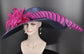 Navy Blue w Red Purple ( Darker Magenta) Feather flower and  Pheasant Tail Feathers  Kentucky Derby Hat Tea  Wide Brim Sinamy Hat