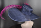 Navy Blue w Red Purple ( Darker Magenta) Feather flower and  Pheasant Tail Feathers  Kentucky Derby Hat Tea  Wide Brim Sinamy Hat