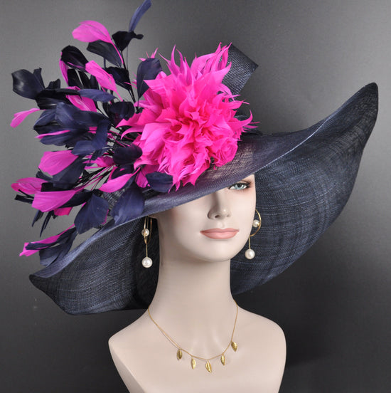 Navy Feather Flower Derby Hat, White Accent, Wedding Church Hat