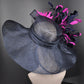 Navy Feather Flower Derby Hat, White Accent, Wedding Church Hat
