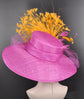 Fuchsia Sinamay Kentucky Derby Hat: Orange Feather Flower Wide Brim