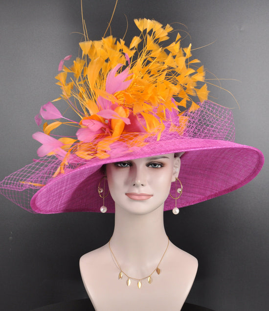 Fuchsia Sinamay Derby Hat: Orange Feather Flower Wide Brim