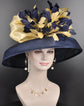 Navy Blue Sinamay Kentucky Derby Hat: Audrey Hepburn Style, Gold Abaca Bow