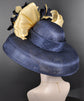 Navy Blue Sinamay Kentucky Derby Hat: Audrey Hepburn Style, Gold Abaca Bow