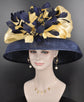 Navy Blue Sinamay Kentucky Derby Hat: Audrey Hepburn Style, Gold Abaca Bow