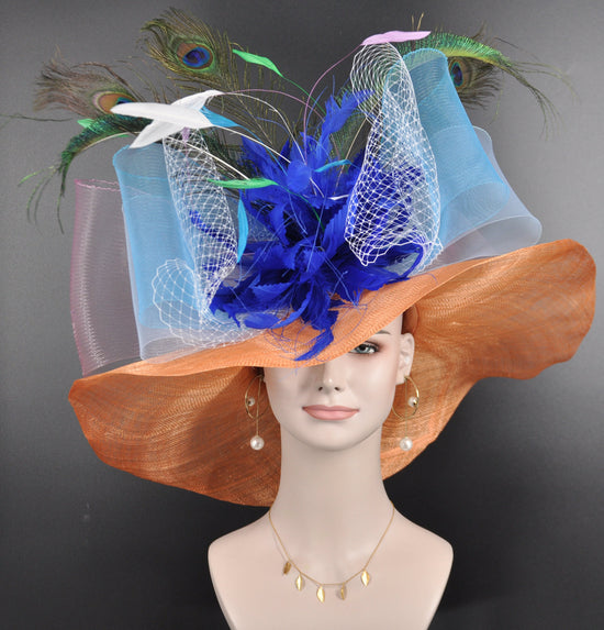 Orange Kentucky Derby Hat: Royal Blue Feather Church Hat