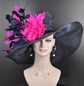 Navy Feather Flower Derby Hat, White Accent, Wedding Church Hat