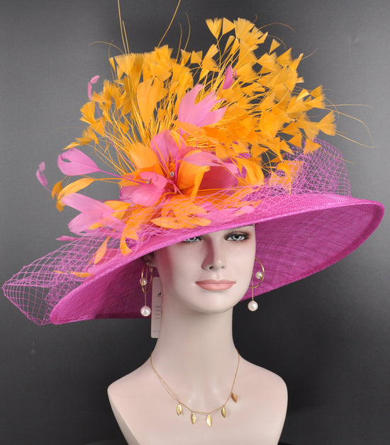 Fuchsia Sinamay Kentucky Derby Hat: Orange Feather Flower Wide Brim