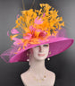 Fuchsia Sinamay Kentucky Derby Hat: Orange Feather Flower Wide Brim