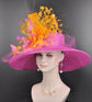 Fuchsia Sinamay Kentucky Derby Hat: Orange Feather Flower Wide Brim