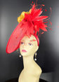 Red Sinamay Fascinator Hat: Gold Fabric Flower, Feather Flowers
