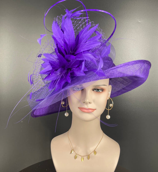 Purple Sinamay Derby Hat: Feather Flower Ascot Race Day Headwear