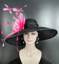 Black Sinamay Derby Hat: Fuchsia Feather Flower Wide Brim