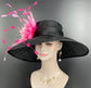 Black Sinamay Derby Hat: Fuchsia Feather Flower Wide Brim