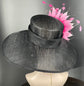 Black Sinamay Derby Hat: Fuchsia Feather Flower Wide Brim