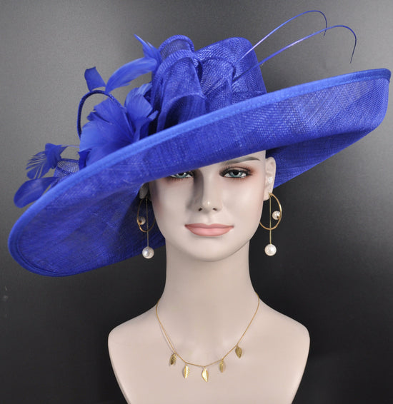 Royal Blue Sinamay Derby Hat: Wide Brim Wedding Tea Party Hat