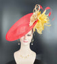 Red Sinamay Fascinator Hat: Champagne Silk Flower, Kentucky Derby