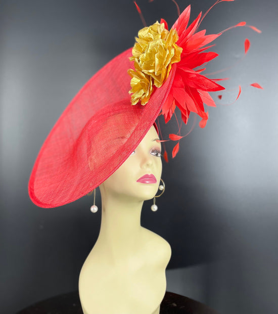 Red Sinamay Fascinator Hat: Gold Fabric Flower, Feather Flowers