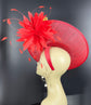 Red Sinamay Fascinator Hat: Gold Fabric Flower, Feather Flowers