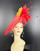 Red Sinamay Fascinator Hat: Gold Fabric Flower, Feather Flowers