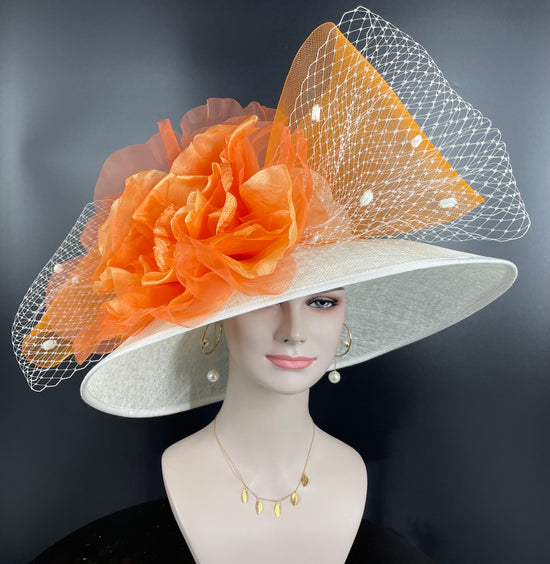 Wide Brim Sinamay Derby Hat: Off White with Orange Silk Flower