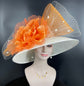 Wide Brim Sinamay Derby Hat: Off White with Orange Silk Flower