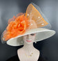 Wide Brim Sinamay Derby Hat: Off White with Orange Silk Flower