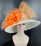 Wide Brim Sinamay Derby Hat: Off White with Orange Silk Flower