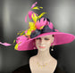 Sinamay Kentucky Derby Hat: Navy, Hot Pink Feather Flower Wide Brim