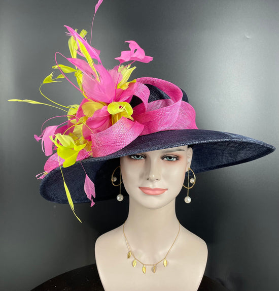 Navy Sinamay Derby Hat: Hot Pink Feather Flower Wide Brim