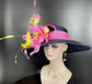 Navy Sinamay Derby Hat: Hot Pink Feather Flower Wide Brim