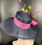 Navy Sinamay Derby Hat: Hot Pink Feather Flower Wide Brim