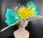 Wide Brim Sinamay Derby Hat: Ivory, Turquoise, Yellow Feather Flower