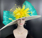 Wide Brim Sinamay Derby Hat: Ivory, Turquoise, Yellow Feather Flower