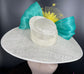 Wide Brim Sinamay Derby Hat: Ivory, Turquoise, Yellow Feather Flower