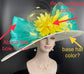 Wide Brim Sinamay Derby Hat: Ivory, Turquoise, Yellow Feather Flower