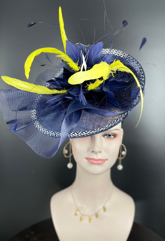 Navy & Yellow Sinamay Fascinator Hat: Feather Flower DerbyHeadpiece