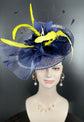 Navy & Yellow Sinamay Fascinator Hat: Feather Flower Kentucky Derby Headpiece
