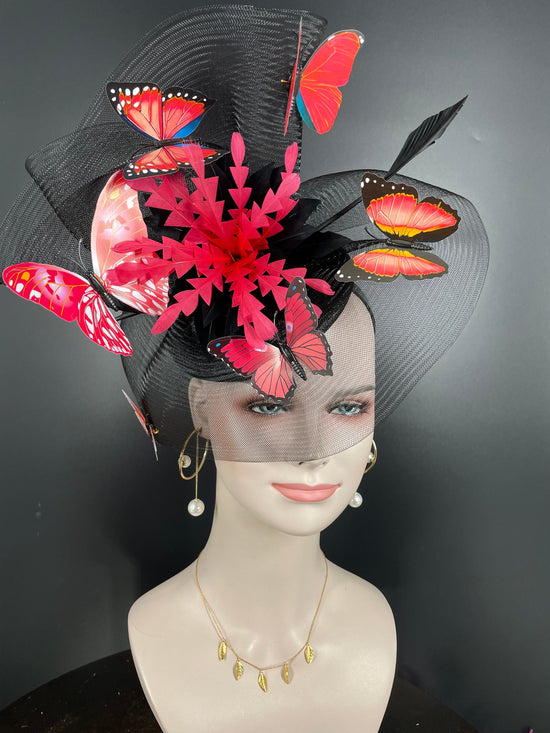 Kentucky Derby Fascinator Hat: Black Organza, Red Feather, Butterfly Headband