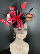 Kentucky Derby Fascinator Hat: Black Organza, Red Feather, Butterfly Headband