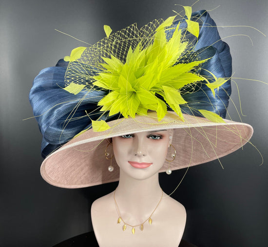 Wide Brim Sinamay Derby Hat: Powder Blue Silk Abaca Bows