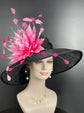 Black Sinamay Derby Hat: Fuchsia Feather Flower Wide Brim