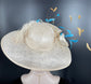 Champagne Sinamay Kentucky Derby Hat: Gold Flower, Turquoise Feathers