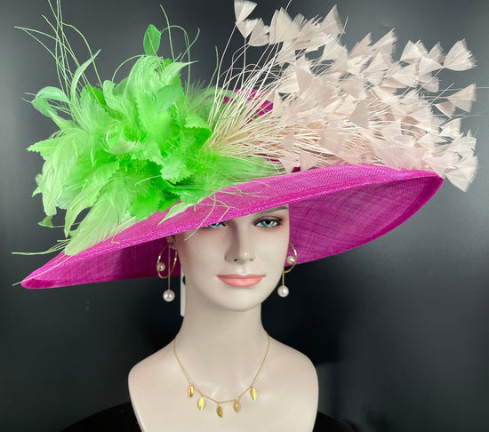 Hot Pink Sinamay Derby Hat: Feather Flower Ascot Fascinator