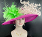 Hot Pink Sinamay Derby Hat: Feather Flower Ascot Fascinator